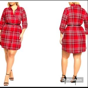 Jolie & Joy Plus Size 3x Red Plaid Tabbed Sleeve Belted Shirt Dress.